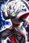  1boy absurdres artist_name baggy_pants bangs black_pants black_shirt buttons colored_skin commentary_request dougi dragon_ball dragon_ball_super earrings energy fang feet_out_of_frame fused_zamasu glint glowing green_skin grey_eyes grin hand_up highres jewelry long_sleeves looking_at_viewer luna_(tdvt7332) male_focus pants parted_bangs potara_earrings red_sash ring sash shirt smile solo spiky_hair teeth twitter_username undershirt v-shaped_eyebrows white_hair 