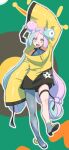  1girl :d absurdres aduti_momoyama arm_up bangs black_shorts blush boots character_hair_ornament commentary_request full_body green_hair grey_footwear grey_pantyhose grey_shirt hair_ornament happy highres iono_(pokemon) jacket knees long_hair looking_at_viewer multicolored_hair open_mouth outline pantyhose pink_hair pokemon pokemon_(game) pokemon_sv sharp_teeth shirt shorts single_leg_pantyhose sleeveless sleeveless_shirt sleeves_past_fingers sleeves_past_wrists smile solo teeth thigh_strap twintails two-tone_hair upper_teeth_only yellow_jacket 
