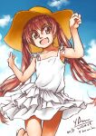  1girl arimura_yuu blue_sky brown_eyes brown_hair clouds commentary_request cowboy_shot dark_skin dress fang hat highres kantai_collection libeccio_(kancolle) long_hair skin_fang sky smile solo spaghetti_strap sun_hat sundress tan twintails white_dress yellow_headwear 