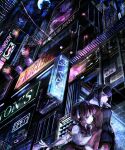  2girls absurdres ad android bartender billboard building city cityscape cyberpunk dorothy_haze english_text hands_in_pockets highres jacket jill_stingray lantern mechanical_arms moon multiple_girls night night_sky open_sign pink_hair pta purple_hair revision road sky skyscraper street va-11_hall-a 