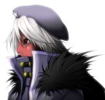  1girl beret black_headwear dark-skinned_male dark_skin eyelashes fur_trim fusion hat hong_meiling kazesayuru krizalid long_hair m.u.g.e.n red_eyes simple_background solo the_king_of_fighters touhou upper_body white_background white_hair 