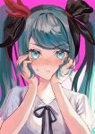  1girl absurdres bangs blue_eyes blue_hair blush bow collared_shirt feather_hair_ornament feathers frown hair_bow hair_ornament hands_on_own_cheeks hands_on_own_face hatsune_miku highres long_hair looking_at_viewer neck_ribbon nemari_(user_wtca7244) nose_blush pink_background project_diva_(series) ribbon shirt short_sleeves simple_background solo straight-on supreme_(module) sweat thick_eyebrows twintails v-shaped_eyebrows vocaloid world_is_mine_(vocaloid) 
