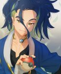  1boy adaman_(pokemon) bangs blue_coat blue_hair brown_eyes closed_mouth coat collar commentary_request earrings eyebrow_cut falling_leaves hand_up highres holding holding_poke_ball jewelry leaf long_hair male_focus multicolored_hair poke_ball poke_ball_(legends) pokemon pokemon_(game) pokemon_legends:_arceus redcat13 smile solo upper_body 