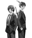  1boy 1girl bangs chainsaw_man closed_mouth collared_shirt commentary_request earrings eyepatch formal greyscale hand_in_pocket hayakawa_aki highres himeno_(chainsaw_man) jacket jewelry kuza_brs long_sleeves looking_to_the_side monochrome necktie open_clothes open_jacket pants shirt shirt_tucked_in short_hair simple_background standing stud_earrings suit sword sword_on_back topknot upper_body weapon weapon_on_back white_background 