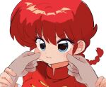  1girl 1other blue_eyes braid braided_ponytail breasts cheek_pinching closed_mouth hair_between_eyes hands_on_another&#039;s_wrists pinching ranma-chan ranma_1/2 redhead sanamaru_(sana79261827) simple_background white_background 