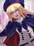  1girl artoria_caster_(fate) artoria_pendragon_(fate) belt beret blonde_hair blue_belt blue_cape blurry bow buttons cape commentary_request crying depth_of_field double-breasted fate/grand_order fate_(series) green_eyes hair_between_eyes hat igote long_hair long_sleeves looking_at_viewer multicolored_cape multicolored_clothes nikumaki43 open_mouth red_cape shirt solo striped_belt teeth white_shirt 