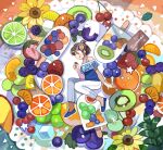  1girl bare_shoulders brown_eyes brown_hair cherry closed_mouth flower food fruit grapes highres kiwi_(fruit) looking_at_viewer mituhati orange_(fruit) original smile solo sunflower tongue tongue_out 