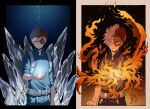  2boys ami_(ami333333333) angry arm_at_side bangs belt black_background black_border blue_background blue_eyes blue_theme boku_no_hero_academia border burn_scar closed_mouth commentary_request contrast cryokinesis dual_persona embers eyebrows_hidden_by_hair film_grain fire flame floating_hair frown glowing glowing_hand gradient gradient_background grey_eyes hair_between_eyes hand_up heterochromia high_collar ice ice_crystal light_particles looking_at_hand looking_at_viewer looking_down male_focus multicolored_hair multiple_boys open_hand orange_background orange_theme outside_border outstretched_hand parted_hair pyrokinesis sanpaku scar scar_on_face split-color_hair split_mouth straight-on straight_hair todoroki_shouto two-tone_hair upper_body v-shaped_eyebrows white_border 