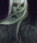  1boy anastasiyacemetery artist_name black_background closed_mouth commentary commission english_commentary long_hair looking_at_viewer male_focus multicolored_hair portrait sauron simple_background solo the_silmarillion tolkien&#039;s_legendarium white_hair yellow_eyes 