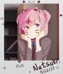  1girl animal_ears bangs blurry blurry_background bob_cut breasts brown_sweater_vest cat_ears character_name close-up closet commentary crescent dated doki_doki_literature_club drawn_ears drawn_whiskers dress_shirt emoticon english_commentary fake_animal_ears furrowed_brow gozuu grey_jacket hair_intakes hair_ornament hair_ribbon hands_on_own_face head_rest heart highres jacket light_blush light_frown looking_away mixed-language_commentary natsuki_(doki_doki_literature_club) neck_ribbon photo_(object) pink_eyes pink_hair polaroid portrait red_ribbon ribbon romaji_text shelf shirt short_hair small_breasts solo sparkle star_(symbol) sweater_vest swept_bangs two_side_up whiskers white_shirt x_hair_ornament 