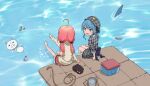  2girls absurdres afloat aiming bangs blue_eyes blue_hair blush bow cat delf dress floating floating_object frilled_dress frilled_skirt frills hair_bow hat highres hololive hoshimachi_suisei inflatable_raft looking_at_another low_twintails multiple_girls open_mouth pink_hair plaid plaid_dress plaid_skirt plastic_bottle pleated_dress pleated_skirt sakura_miko shark_fin sidelocks sitting skirt string twintails virtual_youtuber water 