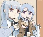  1boy 1girl alternate_costume bag bangs blue_hair blue_jacket blunt_bangs brother_and_sister brown_jacket bubble_tea casual coffee_cup commentary contemporary cup disposable_cup drinking_straw genshin_impact grey_eyes hair_between_eyes highres holding holding_cup jacket kamisato_ayaka kamisato_ayato long_hair open_clothes open_jacket ponytail shirt short_hair siblings upper_body violet_eyes white_shirt xinzoruo 