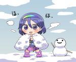  1girl blue_eyes blue_hair blush boots dress full_body hair_between_eyes long_sleeves multicolored_clothes multicolored_dress open_mouth patchwork_clothes pink_footwear rokugou_daisuke short_hair signature smile snow snowman solo standing tenkyuu_chimata touhou 