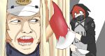  2girls arknights axe commentary crownslayer_(arknights) firefighter helmet here&#039;s_johnny!_(meme) highres holding holding_axe holding_knife hole_in_wall hood hoodie knife ldz-626 meme multiple_girls parody redhead scared scene_reference shaw_(arknights) sideways_glance tearing_up the_shining trembling wall 