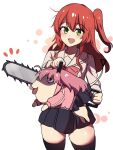  2girls bangs black_skirt black_thighhighs chainsaw chainsaw_man emphasis_lines gotou_hitori green_eyes hair_between_eyes highres hinghoi holding holding_chainsaw holding_weapon hybrid jacket kita_ikuyo long_hair looking_at_viewer medium_hair multiple_girls one_side_up open_mouth pink_hair pink_track_suit pochita_(chainsaw_man) redhead school_uniform serafuku shaded_face simple_background skirt smile thick_thighs thigh-highs thighs tongue tongue_out track_jacket weapon white_background white_serafuku 