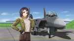  1girl absurdres aircraft airplane blue_sky bomb bomber_jacket brown_hair brown_shorts clouds earhart_(girls&#039;_frontline_nc) explosive f-15_eagle fighter_jet fingerless_gloves girls&#039;_frontline_neural_cloud gloves grass green_jacket grey_shirt headset highres jacket jet looking_at_viewer military military_vehicle red_eyes runway scarf shirt short_shorts shorts sky solo undercoder 