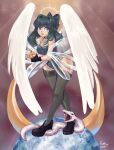  1girl 1other absurdres angel angel_wings apple black_eyes black_hair black_ribbon collar food fruit golden_apple halo highres long_hair looking_at_viewer open_mouth original planet ribbon rumaychian snake star_(symbol) thigh-highs wings 
