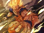  angry baggy_pants bangs biceps blonde_hair closed_mouth collarbone commentary_request dougi dragon_ball dragon_ball_z glaring glowing glowing_hair hair_between_eyes highres kouji08250 looking_at_viewer muscular muscular_male orange_pants outstretched_arm outstretched_hand pants parted_bangs pectorals smoke son_goku spiky_hair standing super_saiyan super_saiyan_2 v-shaped_eyebrows wristband 