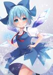  1girl blue_bow blue_dress blue_eyes blue_hair blush bow cirno collared_shirt dress fairy grin hair_between_eyes hair_bow highres ice ice_wings looking_at_viewer miy@ puffy_short_sleeves puffy_sleeves shirt short_hair short_sleeves smile snowflakes solo touhou white_shirt wings 