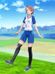  1girl blue_eyes breasts brown_hair city cityscape commentary day gym_uniform haruotsotz original shoes short_hair small_breasts smile socks solo tomboy water 