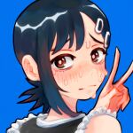  1girl bangs black_hair blue_background blush chainsaw_man frilled_sleeves frills gurumo_(twitter) hair_ornament hairclip higashiyama_kobeni looking_at_viewer looking_back maid medium_hair short_ponytail simple_background single_sidelock solo sweat sweating_profusely swept_bangs v 