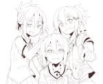  3girls absurdres ahoge akamine_yuuna bangs flower greyscale grin hair_between_eyes hair_flower hair_ornament hairclip hand_up highres monochrome multiple_girls nogi_wakaba_wa_yuusha_de_aru ponytail shirt short_sleeves simple_background smile takashima_yuuna v-shaped_eyebrows white_background xuu_shi_times yuuki_yuuna yuuki_yuuna_wa_yuusha_de_aru yuuki_yuuna_wa_yuusha_de_aru:_hanayui_no_kirameki yuusha_de_aru 