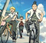  3boys bicycle black_hair blonde_hair brown_footwear brown_shirt collared_shirt facial_mark full_body grey_footwear grey_pants grey_shirt grin ground_vehicle high_ponytail highres inuzuka_kiba male_focus multiple_boys nara_shikamaru naruto_(series) open_clothes open_mouth open_shirt outdoors pants pnpk_1013 power_lines riding riding_bicycle running shirt shoes short_hair short_sleeves shouting smile sneakers spiky_hair teeth upper_teeth_only uzumaki_naruto whisker_markings white_footwear white_shirt 