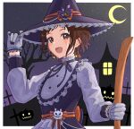  1girl absurdres bang_dream! broom brown_eyes brown_hair dress earrings frilled_dress frills gloves halloween hand_on_headwear hat hazawa_tsugumi highres jack-o&#039;-lantern jewelry moon night nishiki_(nishiki4692) open_mouth short_hair smile solo upper_body witch witch_hat 