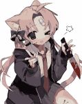  &gt;_o 1girl :3 :d animal_ears black_bow black_jacket black_skirt blood blood_on_knife blood_on_leg blush_stickers bow cat_ears cat_tail double_v gauze hair_bow holding holding_knife jacket kmnk_(kumanuko) knife looking_at_viewer necktie one_eye_closed open_mouth original pink_eyes pink_hair red_necktie skirt smile solo star_(symbol) tail v 