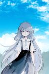  1girl black_skirt blue_sky clouds collared_shirt day expressionless floating_hair grey_eyes grey_hair hair_between_eyes highres long_hair looking_at_viewer messy_hair mole mole_under_eye original outdoors shirt sketch skirt sky solo suspender_skirt suspenders very_long_hair white_shirt yorunogumo 