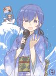  2girls :d animal artist_name assault_lily bangs black_ribbon blue_background blue_eyes blue_hair blue_kimono boat bow chibi chibi_inset commentary fish flag gochisousama_(tanin050) hair_between_eyes hair_ribbon hands_up hayami_katsura highres holding holding_animal holding_fish holding_microphone japanese_clothes kimono long_hair long_sleeves looking_at_viewer low_ponytail microphone multiple_girls music nakahara_mary_tomoyo obi obijime onose_mirai open_mouth parted_lips ribbon sash side_ponytail sidelocks signature singing smile solid_circle_eyes sparkle tairyou-bata teeth upper_teeth_only v-shaped_eyebrows voice_actor_connection water watercraft waves wide_sleeves 