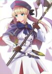  1girl absurdres artoria_caster_(fate) artoria_pendragon_(fate) belt black_gloves blonde_hair blue_eyes cloak fate/grand_order fate_(series) gloves green_eyes hat highres holding holding_staff holding_weapon koujiro_(kouziro_1) long_hair looking_to_the_side petals simple_background solo staff standing sword twintails weapon white_background 