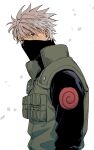  1boy black_eyes black_mask black_shirt breast_pocket green_vest hatake_kakashi heterochromia kijinkutsu long_sleeves looking_at_viewer mask mouth_mask naruto naruto_(series) pocket scar scar_across_eye sharingan shirt signature solo vest white_background white_hair 