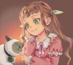  1girl bangs bell blunt_bangs brown_background brown_hair cat cheek_poking closed_eyes collared_dress dress elle_mel_martha female_child green_eyes green_ribbon hair_ribbon hand_to_own_face long_hair long_sleeves lulu_(tales) neck_bell neck_ribbon niku_(mikantabetaizoo) pink_dress pink_ribbon poking ribbon siamese_cat sidelocks smile tales_of_(series) tales_of_xillia tales_of_xillia_2 twintails upper_body wavy_hair 