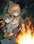  1boy adjusting_scarf armor black_gloves blue_eyes campfire ciino00o earrings fingerless_gloves gloves grey_scarf hair_between_eyes hair_ornament hair_stick highres jewelry link looking_at_viewer male_focus outdoors pointy_ears scarf shoulder_armor sidelocks single_hair_ring solo the_legend_of_zelda the_legend_of_zelda:_breath_of_the_wild tree upper_body 