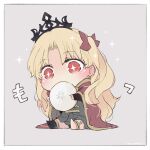  1girl azumi_(myameco) baozi blonde_hair chibi eating ereshkigal_(fate) fate/grand_order fate_(series) food grey_background hair_ribbon holding holding_food long_hair red_eyes red_ribbon ribbon simple_background solo tiara 