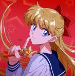  1girl aino_minako bishoujo_senshi_sailor_moon blonde_hair blue_eyes blue_sailor_collar bow closed_mouth earrings hair_between_eyes highres holding jewelry popogano red_background red_bow sailor_collar school_uniform smile solo star_(symbol) 