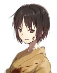  1girl bangs blood blood_on_clothes blood_on_face brown_eyes brown_hair brown_kimono character_request from_side highres japanese_clothes kara_no_kyoukai kimono medium_hair parted_bangs shigure_(shigure_43) sidelocks simple_background smile smirk solo 