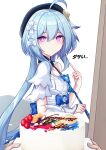  1girl absurdres ahoge birthday_cake black_headwear blue_hair bow cake closed_mouth dress food griseo hair_between_eyes hair_bow hat highres holding holding_paintbrush honkai_(series) honkai_impact_3rd jo_an long_hair looking_at_viewer paintbrush pointing pointing_at_self pov pov_hands single_bare_shoulder solo_focus translation_request very_long_hair violet_eyes white_bow white_dress 