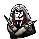  1boy assassin&#039;s_creed_(series) closed_mouth grim_(grim_adventures) jacket kerubin_art looking_at_viewer shaded_face simple_background skeleton solo the_grim_adventures_of_billy_&amp;_mandy weapon white_background white_jacket 