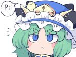 1girl :&lt; animal_on_head bangs bird bird_on_head blue_eyes chick closed_mouth fried_rice0614 frilled_hat frills green_hair hat on_head one-hour_drawing_challenge shiki_eiki short_eyebrows short_hair simple_background solo speech_bubble touhou upper_body white_background 