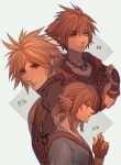  3boys armor black_shirt blonde_hair blue_eyes blue_shirt blue_tunic brown_gloves brown_hair chain_necklace cloud_strife earrings final_fantasy final_fantasy_vii final_fantasy_vii_remake fingerless_gloves gloves hair_between_eyes hair_tie hood hood_down hooded_jacket jacket jewelry kingdom_hearts link looking_at_viewer looking_to_the_side low_ponytail male_focus multiple_boys necklace pointy_ears sera_(serappi) shirt short_hair shoulder_armor sidelocks single_bare_shoulder sleeveless sleeveless_turtleneck sora_(kingdom_hearts) spiky_hair the_legend_of_zelda the_legend_of_zelda:_breath_of_the_wild turtleneck upper_body 