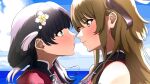  2girls assault_lily bangs bare_shoulders black_hair black_ribbon blue_sky brown_hair closed_mouth clouds eye_contact face-to-face flower from_side green_eyes hair_between_eyes hair_flower hair_ornament hair_ribbon heterochromia highres horizon kuo_shenlin light_blush long_hair looking_at_another low_ponytail multiple_girls nifu_(nixets) ocean official_alternate_costume one_side_up portrait profile red_eyes red_shirt ribbon shirt side_ponytail sidelocks sky sleeveless sleeveless_shirt smile tassel tassel_hair_ornament wang_yujia white_flower yellow_eyes yuri 