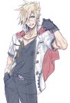  1boy adjusting_clothes belt_buckle black_gloves black_pants black_shirt blonde_hair blue_eyes buckle cape cowboy_shot final_fantasy final_fantasy_type-0 gloves hair_between_eyes hand_in_pocket jacket looking_to_the_side male_focus nakagawa_waka nine_(fft-0) open_mouth pants red_cape scar scar_on_face scar_on_nose shirt short_hair short_sleeves sketch smile solo spiky_hair toned toned_male white_background white_jacket 
