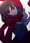  1girl additional_memory_(vocaloid) brown_hair chromatic_aberration crml_orng hair_between_eyes hair_ornament hairclip highres kagerou_project looking_at_viewer medium_hair parted_lips red_eyes red_scarf scarf school_uniform solo tateyama_ayano tears upper_body white_background 