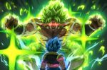  2boys angry arms_up bangs biceps black_vest blank_eyes blue_hair bracer broly_(dragon_ball_super) cape collarbone commentary_request dragon_ball dragon_ball_super dragon_ball_super_broly energy facing_away fur_cape glowing glowing_eyes gogeta green_cape green_hair highres legendary_super_saiyan looking_at_another male_focus metamoran_vest multiple_boys muscular muscular_male open_mouth pants papita_pochi parted_bangs pectorals purple_pants red_eyes scar scar_on_cheek scar_on_chest scar_on_face spiky_hair standing super_saiyan super_saiyan_blue teeth topless topless_male v-shaped_eyebrows v-shaped_eyes vest waist_cape 