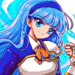  1girl armor artist_name blue_background blue_eyes blue_hair blue_hairband blue_shirt blue_theme clenched_hand closed_mouth commentary hairband head_tilt hiroita long_hair looking_at_viewer lowres magic_knight_rayearth pixel_art ryuuzaki_umi shirt smile solo split_mouth upper_body 