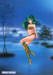  1980s_(style) 1girl bangs bikini blue_background blue_eyes boots copyright_name eyeshadow full_body green_hair highres horns interlocked_fingers long_hair looking_at_viewer lum makeup nature navel night non-web_source official_art oni oni_horns outdoors own_hands_together pointy_ears retro_artstyle scan solo strapless strapless_bikini swimsuit tiger_stripes urusei_yatsura water yellow_bikini 