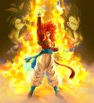  3boys abs absurdres arm_up baggy_pants bangs black_hair black_vest blue_eyes blue_sash body_fur boots brown_footwear clenched_hand closed_mouth collarbone commentary_request dragon_ball dragon_ball_gt fire full_body glaring gogeta hand_up highres index_finger_raised looking_at_viewer male_focus metamoran_vest monkey_tail multiple_boys muscular muscular_male open_clothes open_vest pants papita_pochi parted_bangs parted_lips pectorals red_fur redhead sash serious smile solo_focus son_goku spiky_hair standing super_saiyan super_saiyan_4 tail v-shaped_eyebrows vegeta vest white_pants wristband 