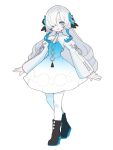  1girl akichi_360 black_footwear blue_dress blue_eyes blue_hair blush_stickers boots dress flower full_body gradient_dress grey_hair hair_flower hair_ornament hair_over_one_eye high_heel_boots high_heels highres isekai_joucho kamitsubaki_studio long_hair long_sleeves looking_at_viewer multicolored_hair open_mouth pantyhose simple_background smile solo two-tone_dress two-tone_hair virtual_youtuber white_background white_dress white_pantyhose 